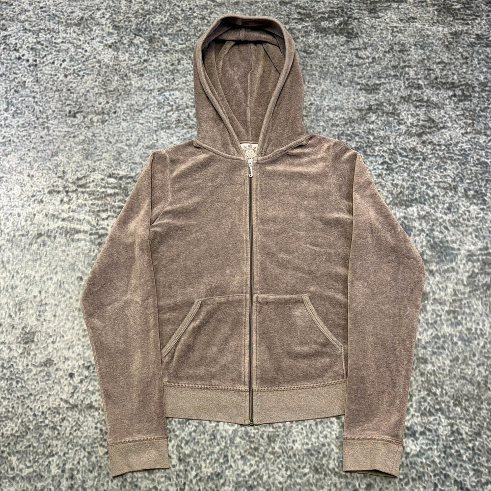 Vintage Juicy Couture Track Jacket Full Zip Size Medium Brown Velour Hooded Y2K